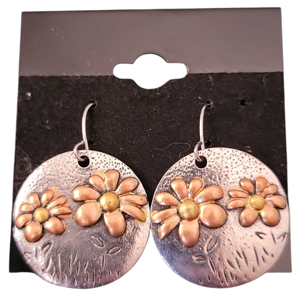 Handcrafted Wildflower Round Silvertone Bohemian Style Dangle Earrings